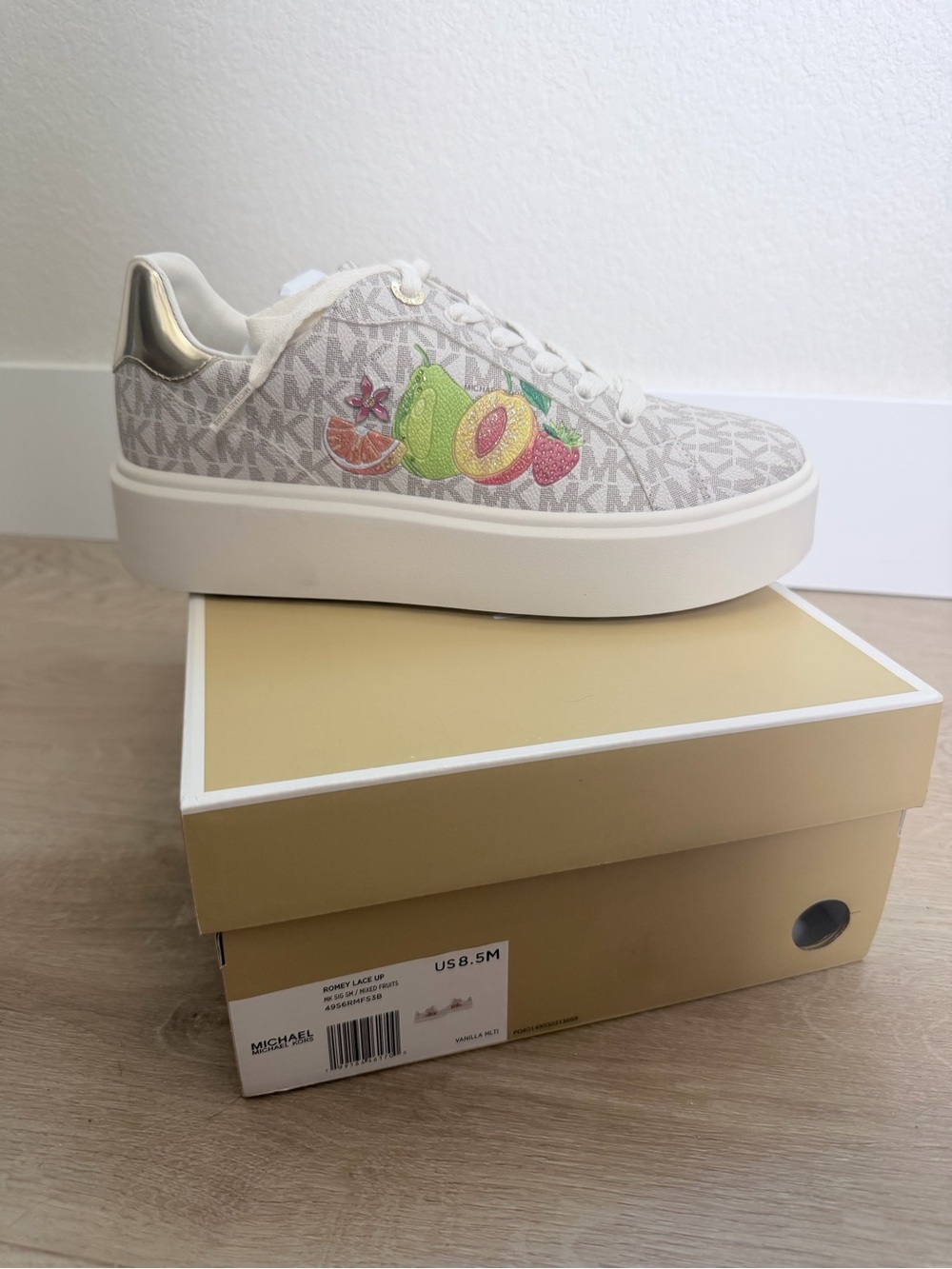 Michael Kors Cream Logo Platform Sneaker with Fruit Embroidery